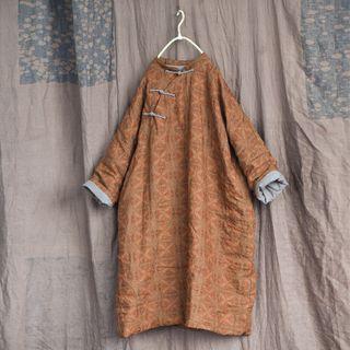 Long-sleeve Printed Midi Hanfu Dress Printed - Orange - One Size