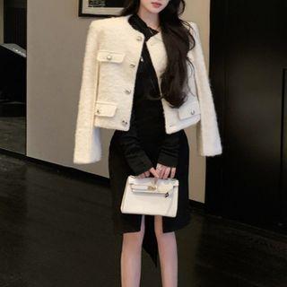 Button-up Jacket / Asymmetrical Cold-shoulder Sheath Dress