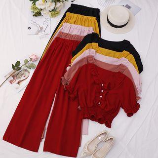 Set: Ruffle Trim Short-sleeve Top + Wide Leg Pants