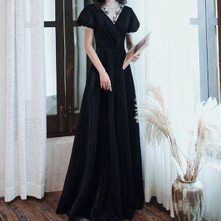 Short Sleeve V-neck Slit A-line Evening Gown