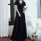 Short Sleeve V-neck Slit A-line Evening Gown