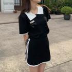 Elbow-sleeve Polo Shirt / Contrast Trim Mini A-line Skirt