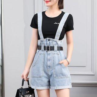 Set: Short-sleeve Letter Dress + Wide-leg Denim Dungaree Shorts