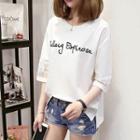 Lace Panel Elbow-sleeve Lettering T-shirt