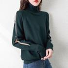 Long-sleeve High-neck Cropped Off-shoulder Knit Sweater