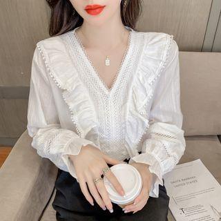 Lace Trim Flared-cuff Blouse