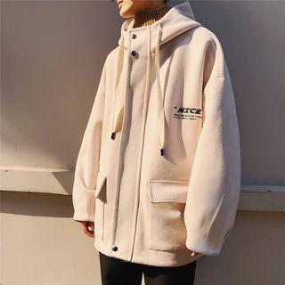 Hooded Lettering Faux Suede Zip Jacket