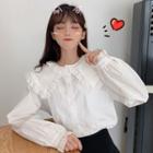Long-sleeve Lace-trim Shirt White - One Size