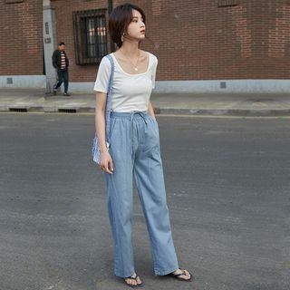 Plain Wide-leg Pants Blue - One Size