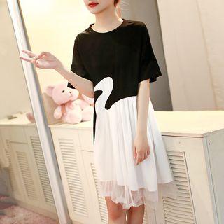 Color Panel Mesh Hem Short Sleeve Dress