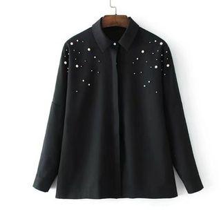 Long-sleeved Faux Pearl-accent Open-front Blouse