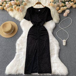 Short-sleeve V-neck Sequin Ruched Slit Dress