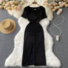 Short-sleeve V-neck Sequin Ruched Slit Dress
