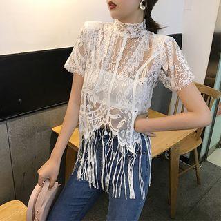 Mock-neck Lace Short-sleeve Top