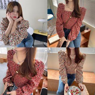 Floral Print Square-neck Long-sleeve Blouse