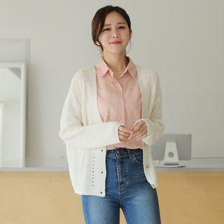 V-neck Punched-trim Boxy Cardigan