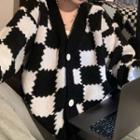 Two-tone Checkered Cardigan Black - One Size