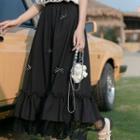 Ribbon Lace Trim Maxi A-line Skirt Black - One Size
