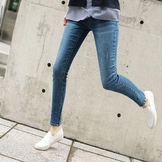 Wide Band-waist Washed Skinny Jeans