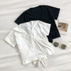 Plain V-neck Lace-up Short-sleeve Top