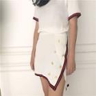 Set: Contrast Trim Short Sleeve Knit T-shirt + Buttoned Knit Skirt