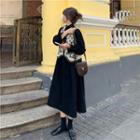Long-sleeve Mock-neck Midi A-line Dress / Single-breasted Vest