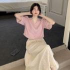 Puff-sleeve Blouse / Floral Jacquard Midi A-line Skirt