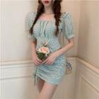 Puff-sleeve Plaid Drawstring Mini Sheath Dress