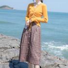 Set: Drawstring Knit Top + Buttoned Plaid A-line Midi Skirt