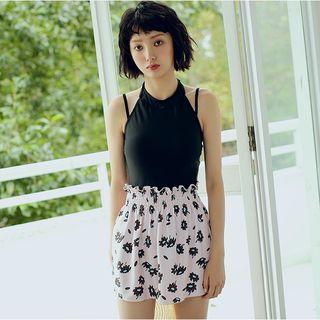 Set: Strappy Swimsuit + Floral Print Mini Skirt