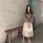 Fluffy Jacket / Mesh Overlay Skirt / Top