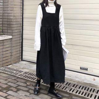 Wide Strap Midi A-line Pinafore Dress Black - One Size