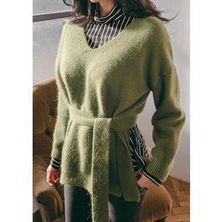 Tie-waist Dip-front Wool Blend Sweater