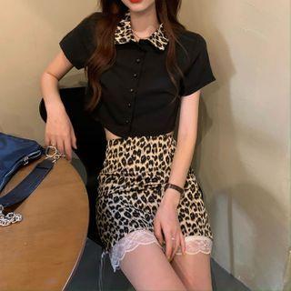 Leopard Panel Short-sleeve Shirt / Pencil Skirt