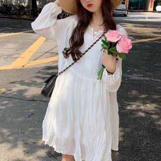 Set: Long-sleeve Crinkle Chiffon Dress + Slipdress Short - White - One Size