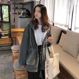 Plain Velvet Loose-fit Hooded Jacket