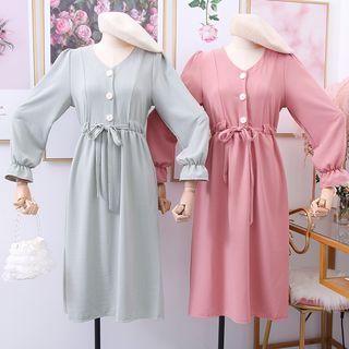 Drawstring-waist V-neck Shirtdress