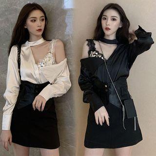 Long-sleeve Cutout Blouse / Mini Faux Leather A-line Skirt