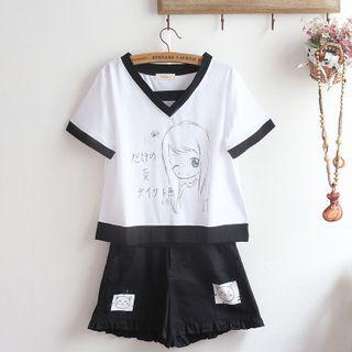 Short-sleeve Cartoon Print V-neck T-shirt / Frill Trim Shorts / Set