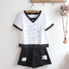 Short-sleeve Cartoon Print V-neck T-shirt / Frill Trim Shorts / Set