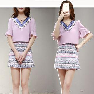 Set: Sequined Short-sleeve Top + Patterned Mini Skirt