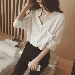 Pocket-front V-neck Elbow-sleeve Shirt White - One Size