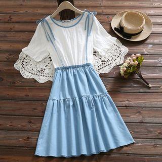 Mock Two-piece Short-sleeve Midi Denim Dress