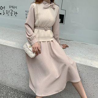 Set: Tie-neck Long-sleeve Dotted Midi A-line Dress + Knit Vest