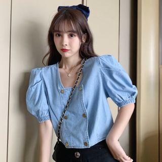 Denim Puff Short-sleeve Top Blue - One Size