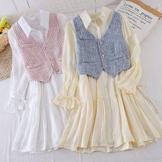 Set: Shirred Midi Shirtdress + Tweed Buttoned Vest