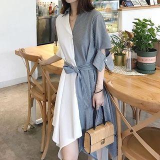 Striped Panel 3/4-sleeve Dress