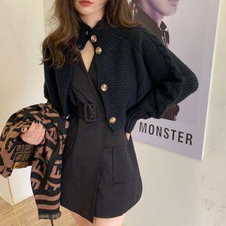 Cropped Turtleneck Cardigan / Sleeveless Belted Mini A-line Dress