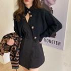 Cropped Turtleneck Cardigan / Sleeveless Belted Mini A-line Dress