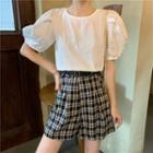 Puff-sleeve Tie-back Blouse / Plaid Wide-leg Shorts